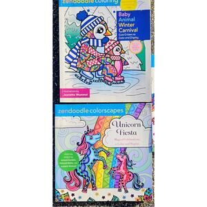 Lot Zen Doodle Colorscapes Unicorn Fiesta & Animal Winter Carnival Coloring Book